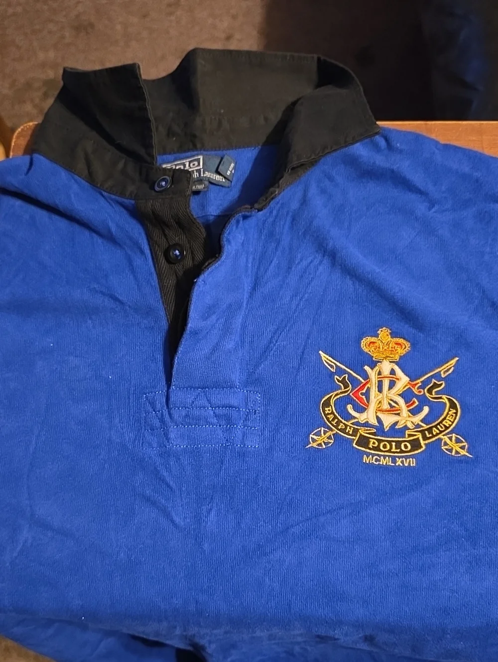 Vintage Ralph Lauren Blue Rugby Shirt with Crest and Black Collar